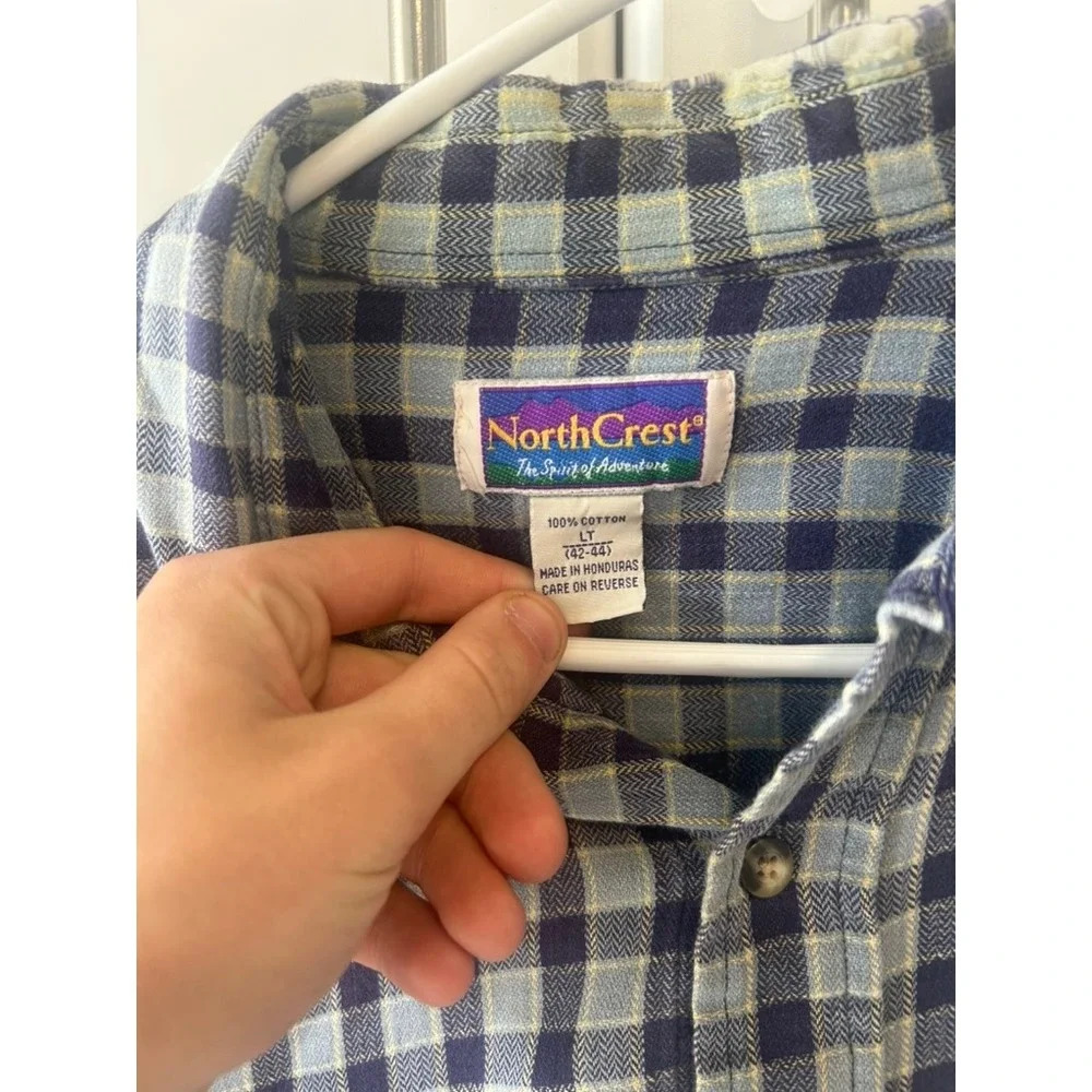 NorthCrest Mens Blue Grey Plaid Long Sleeve Cotton‎ Button Down Shirt LT 42-44